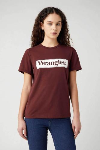 Wrangler® γυναικείο βαμβακερό T-shirt με boxed contrast logo print μονόχρωμο - W7N4EEH45 Μπορντό XS